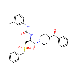 Cc1cccc(NC(=O)N[C@H](CS(=O)(=O)Cc2ccccc2)C(=O)N2CCC(C(=O)c3ccccc3)CC2)c1 ZINC000026820740