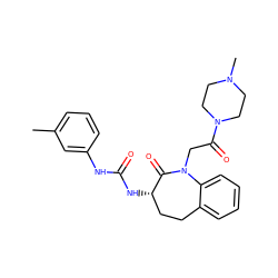 Cc1cccc(NC(=O)N[C@H]2CCc3ccccc3N(CC(=O)N3CCN(C)CC3)C2=O)c1 ZINC000027984684