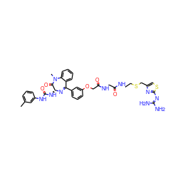 Cc1cccc(NC(=O)N[C@H]2N=C(c3cccc(OCC(=O)NCC(=O)NCCSCc4csc(N=C(N)N)n4)c3)c3ccccc3N(C)C2=O)c1 ZINC000095608687