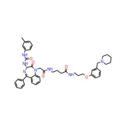 Cc1cccc(NC(=O)N[C@H]2N=C(c3ccccc3)c3ccccc3N(CC(=O)NCCCC(=O)NCCCOc3cccc(CN4CCCCC4)c3)C2=O)c1 ZINC000095608707