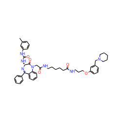 Cc1cccc(NC(=O)N[C@H]2N=C(c3ccccc3)c3ccccc3N(CC(=O)NCCCCCC(=O)NCCCOc3cccc(CN4CCCCC4)c3)C2=O)c1 ZINC000095608623