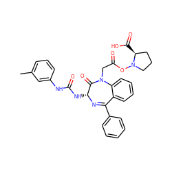 Cc1cccc(NC(=O)N[C@H]2N=C(c3ccccc3)c3ccccc3N(CC(=O)ON3CCC[C@@H]3C(=O)O)C2=O)c1 ZINC000036175453