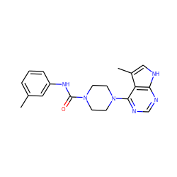 Cc1cccc(NC(=O)N2CCN(c3ncnc4[nH]cc(C)c34)CC2)c1 ZINC000045284944