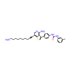 Cc1cccc(NC(=O)Nc2ccc(-c3csc4c(C#CCCCCCCCCN)cnc(N)c34)cc2)c1 ZINC000063539804