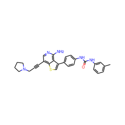 Cc1cccc(NC(=O)Nc2ccc(-c3csc4c(C#CCN5CCCC5)cnc(N)c34)cc2)c1 ZINC000063298181