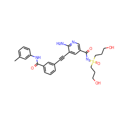 Cc1cccc(NC(=O)c2cccc(C#Cc3cc(C(=O)N=S(=O)(CCCO)CCCO)cnc3N)c2)c1 ZINC001772636321