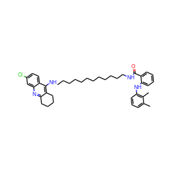 Cc1cccc(Nc2ccccc2C(=O)NCCCCCCCCCCCCNc2c3c(nc4cc(Cl)ccc24)CCCC3)c1C ZINC000096271283