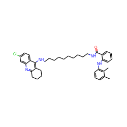 Cc1cccc(Nc2ccccc2C(=O)NCCCCCCCCCCNc2c3c(nc4cc(Cl)ccc24)CCCC3)c1C ZINC000096271284