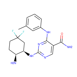 Cc1cccc(Nc2nc(N[C@@H]3CC(F)(F)CC[C@@H]3N)ncc2C(N)=O)c1 ZINC000072123120