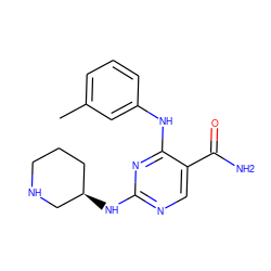 Cc1cccc(Nc2nc(N[C@@H]3CCCNC3)ncc2C(N)=O)c1 ZINC000072125130