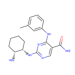 Cc1cccc(Nc2nc(N[C@H]3CCCC[C@H]3N)ncc2C(N)=O)c1 ZINC000004638290