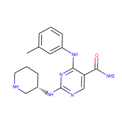 Cc1cccc(Nc2nc(N[C@H]3CCCNC3)ncc2C(N)=O)c1 ZINC000072124833