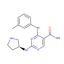 Cc1cccc(Nc2nc(N[C@H]3CCNC3)ncc2C(N)=O)c1 ZINC000072124968