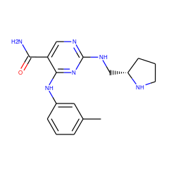 Cc1cccc(Nc2nc(NC[C@@H]3CCCN3)ncc2C(N)=O)c1 ZINC000072125175