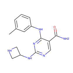 Cc1cccc(Nc2nc(NC3CNC3)ncc2C(N)=O)c1 ZINC000072124969