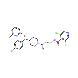 Cc1cccc(O[C@@H](c2ccc(Br)cc2)C2CCN([C@@H](C)CCNC(=O)c3c(Cl)cncc3Cl)CC2)n1 ZINC000071330054