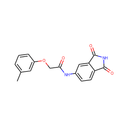 Cc1cccc(OCC(=O)Nc2ccc3c(c2)C(=O)NC3=O)c1 ZINC000004825666