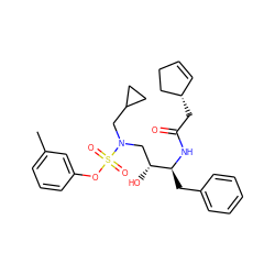 Cc1cccc(OS(=O)(=O)N(CC2CC2)C[C@@H](O)[C@H](Cc2ccccc2)NC(=O)C[C@H]2C=CCC2)c1 ZINC000040865236