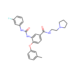 Cc1cccc(Oc2ccc(C(=O)NCCN3CCCC3)cc2NC(=O)Nc2cccc(F)c2)c1 ZINC000035872641