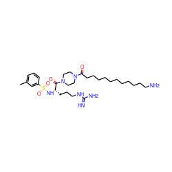 Cc1cccc(S(=O)(=O)N[C@@H](CCCNC(=N)N)C(=O)N2CCN(C(=O)CCCCCCCCCCCN)CC2)c1 ZINC000028643384