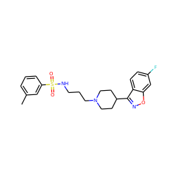 Cc1cccc(S(=O)(=O)NCCCN2CCC(c3noc4cc(F)ccc34)CC2)c1 ZINC000114602240