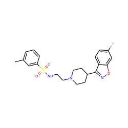 Cc1cccc(S(=O)(=O)NCCN2CCC(c3noc4cc(F)ccc34)CC2)c1 ZINC000114599667