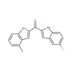 Cc1cccc2[nH]c(C(=O)c3cc4cc(F)ccc4[nH]3)cc12 ZINC000013687720