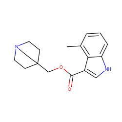 Cc1cccc2[nH]cc(C(=O)OCC34CCN(CC3)CC4)c12 ZINC001772573025