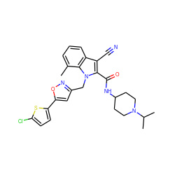 Cc1cccc2c(C#N)c(C(=O)NC3CCN(C(C)C)CC3)n(Cc3cc(-c4ccc(Cl)s4)on3)c12 ZINC000003816191