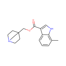 Cc1cccc2c(C(=O)OCC34CCN(CC3)CC4)c[nH]c12 ZINC001772646760