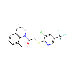 Cc1cccc2c1N(C(=O)CSc1ncc(C(F)(F)F)cc1Cl)CCC2 ZINC000113624476