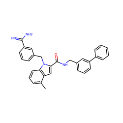 Cc1cccc2c1cc(C(=O)NCc1cccc(-c3ccccc3)c1)n2Cc1cccc(C(=N)N)c1 ZINC000003831900