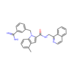 Cc1cccc2c1cc(C(=O)NCc1nccc3ccccc13)n2Cc1cccc(C(=N)N)c1 ZINC000003831851