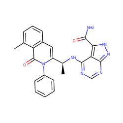 Cc1cccc2cc([C@H](C)Nc3ncnc4n[nH]c(C(N)=O)c34)n(-c3ccccc3)c(=O)c12 ZINC000088345840