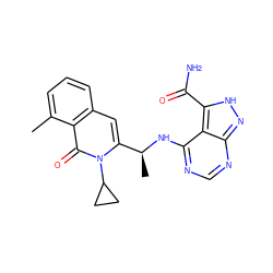 Cc1cccc2cc([C@H](C)Nc3ncnc4n[nH]c(C(N)=O)c34)n(C3CC3)c(=O)c12 ZINC000088345778