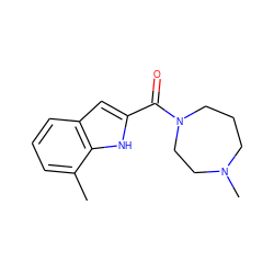 Cc1cccc2cc(C(=O)N3CCCN(C)CC3)[nH]c12 ZINC000084759588