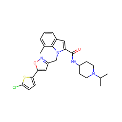 Cc1cccc2cc(C(=O)NC3CCN(C(C)C)CC3)n(Cc3cc(-c4ccc(Cl)s4)on3)c12 ZINC000003816189