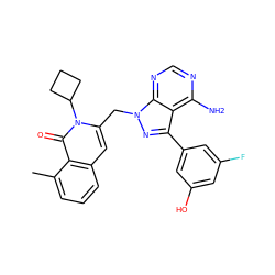 Cc1cccc2cc(Cn3nc(-c4cc(O)cc(F)c4)c4c(N)ncnc43)n(C3CCC3)c(=O)c12 ZINC000088346089