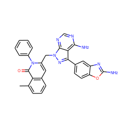 Cc1cccc2cc(Cn3nc(-c4ccc5oc(N)nc5c4)c4c(N)ncnc43)n(-c3ccccc3)c(=O)c12 ZINC000088346074