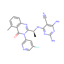 Cc1cccc2nc([C@H](C)Nc3nc(N)nc(N)c3C#N)n(-c3cncc(F)c3)c(=O)c12 ZINC000220886131