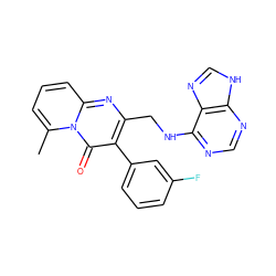 Cc1cccc2nc(CNc3ncnc4[nH]cnc34)c(-c3cccc(F)c3)c(=O)n12 ZINC000114790584