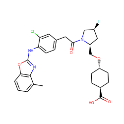 Cc1cccc2oc(Nc3ccc(CC(=O)N4C[C@@H](F)C[C@H]4CO[C@H]4CC[C@H](C(=O)O)CC4)cc3Cl)nc12 ZINC000261145803