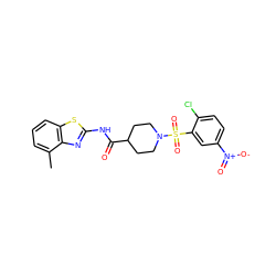 Cc1cccc2sc(NC(=O)C3CCN(S(=O)(=O)c4cc([N+](=O)[O-])ccc4Cl)CC3)nc12 ZINC000008692635