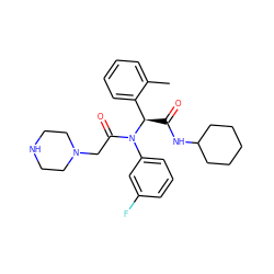 Cc1ccccc1[C@@H](C(=O)NC1CCCCC1)N(C(=O)CN1CCNCC1)c1cccc(F)c1 ZINC000095578537