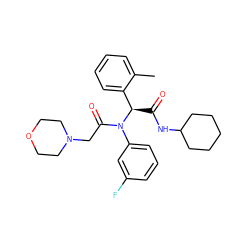 Cc1ccccc1[C@@H](C(=O)NC1CCCCC1)N(C(=O)CN1CCOCC1)c1cccc(F)c1 ZINC000095571798