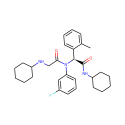 Cc1ccccc1[C@@H](C(=O)NC1CCCCC1)N(C(=O)CNC1CCCCC1)c1cccc(F)c1 ZINC000095575890