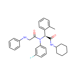 Cc1ccccc1[C@@H](C(=O)NC1CCCCC1)N(C(=O)CNc1ccccc1)c1cccc(F)c1 ZINC000095573236