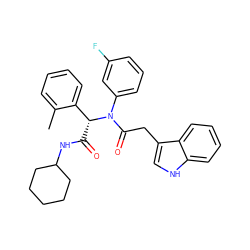 Cc1ccccc1[C@@H](C(=O)NC1CCCCC1)N(C(=O)Cc1c[nH]c2ccccc12)c1cccc(F)c1 ZINC000095575732