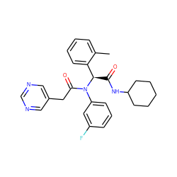 Cc1ccccc1[C@@H](C(=O)NC1CCCCC1)N(C(=O)Cc1cncnc1)c1cccc(F)c1 ZINC000095575915