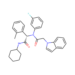 Cc1ccccc1[C@@H](C(=O)NC1CCCCC1)N(C(=O)Cn1ccc2ccccc21)c1cccc(F)c1 ZINC000095574536